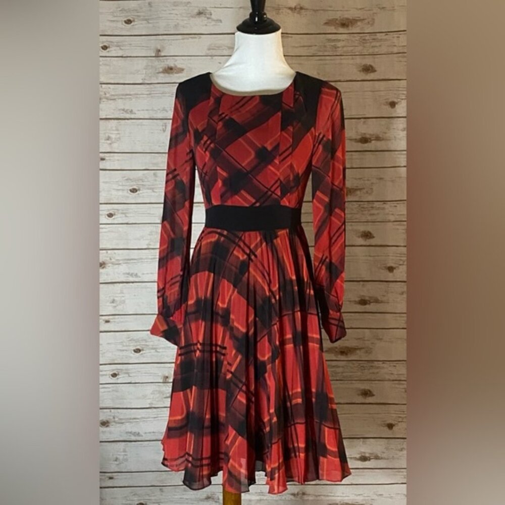 Karen Millen 100% Silk Check Print Fit & Flare Long Sleeve Dress - Size 4